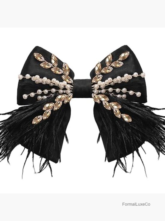 Large Satin Feather Hair Bow Clip with Pearl Crystal, French Barrette Claw Clip